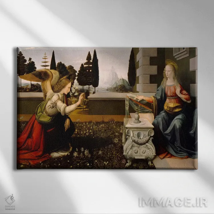 تابلو بشارت (موضوع معنویتی) اثر لئوناردو داوینچی (نقاش و مخترع ایتالیایی) - نمای روبهرو روی دیوار