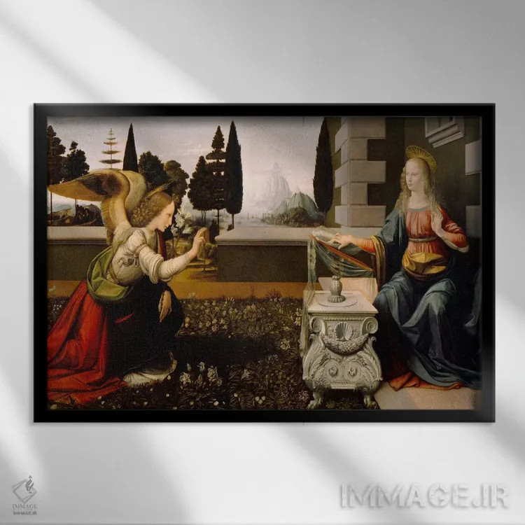 تابلو بشارت (موضوع معنویتی) اثر لئوناردو داوینچی (نقاش و مخترع ایتالیایی) - نمای قابدار مشکی