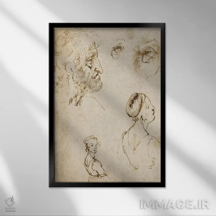 تابلو برگه مطالعات (روی کاغذ) اثر لئوناردو داوینچی (نقاش و مخترع ایتالیایی) - نمای قابدار مشکی