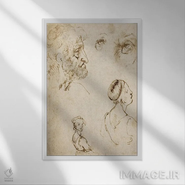 تابلو برگه مطالعات (روی کاغذ) اثر لئوناردو داوینچی (نقاش و مخترع ایتالیایی) - نمای قابدار سفید