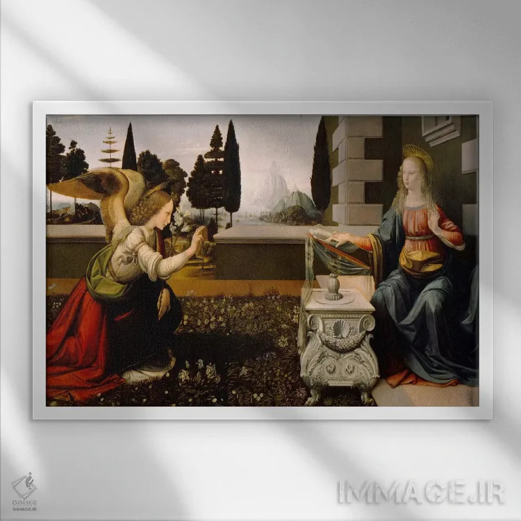 تابلو بشارت (موضوع معنویتی) اثر لئوناردو داوینچی (نقاش و مخترع ایتالیایی) - نمای قابدار سفید