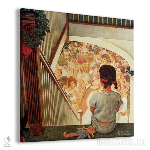 تابلو دختر کوچولو به پایین پلهها در مهمانی کریسمس نگاه میکند اثر نورمن راکول - نمای پرسپکتیو محصول