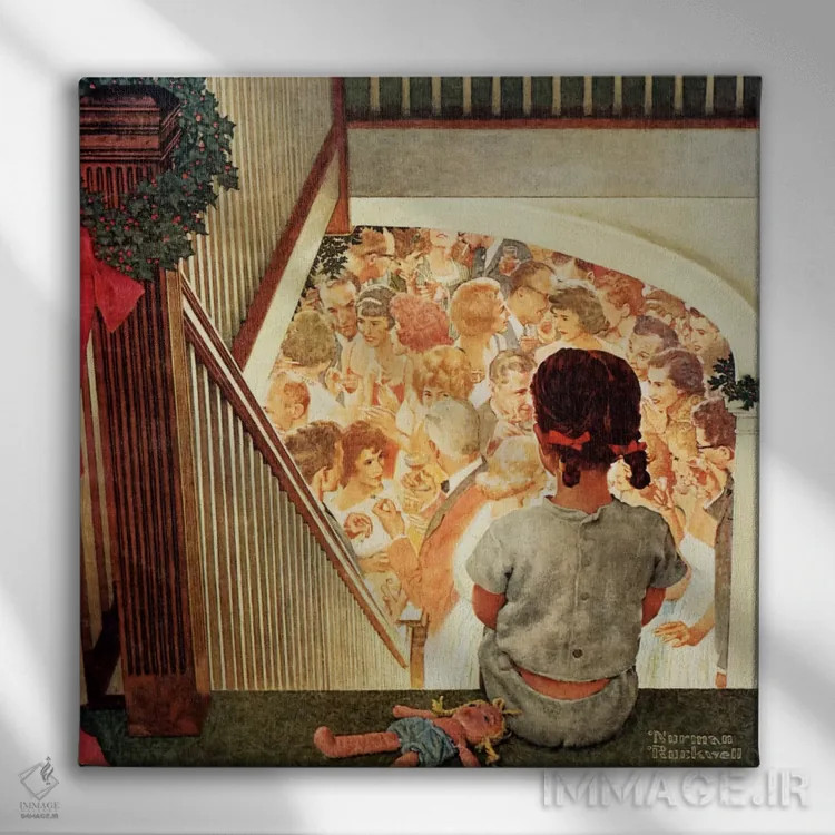 تابلو دختر کوچولو به پایین پلهها در مهمانی کریسمس نگاه میکند اثر نورمن راکول - نمای روبهرو روی دیوار