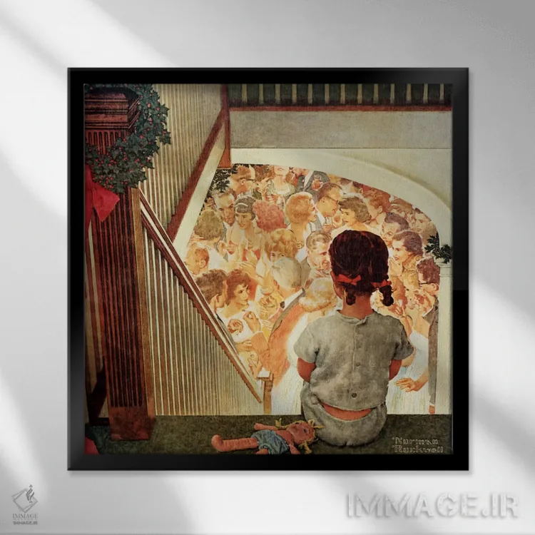 تابلو دختر کوچولو به پایین پلهها در مهمانی کریسمس نگاه میکند اثر نورمن راکول - نمای قابدار مشکی