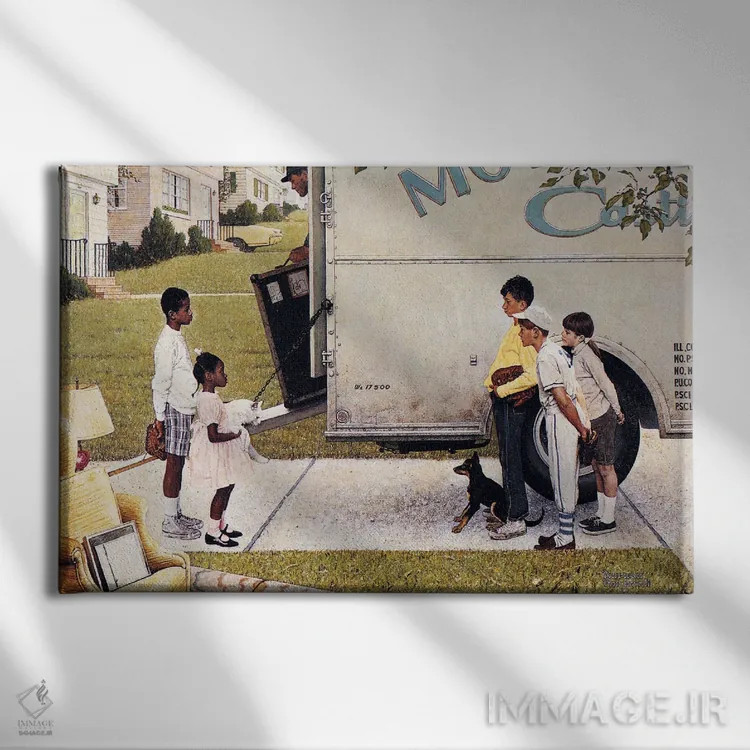 تابلو اسبابکشی (بچههای جدید در محله) اثر نورمن راکول - نمای روبهرو روی دیوار