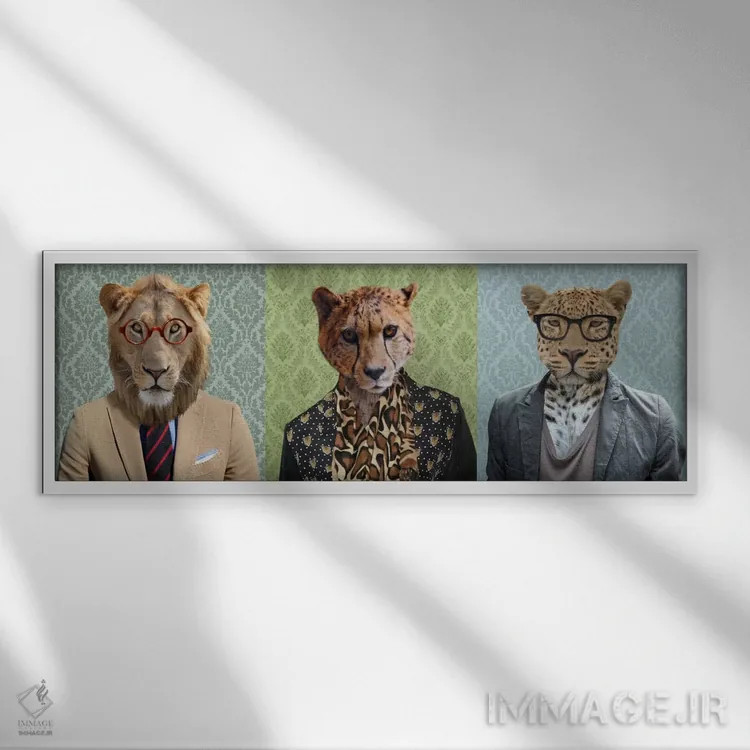 تابلو سهگانهٔ گربههای وحشی لباسپوشیده اثر فایو بای فایو کالکتیو - نمای قابدار سفید