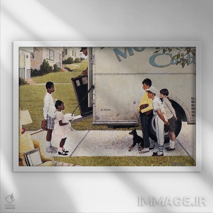 تابلو اسبابکشی (بچههای جدید در محله) اثر نورمن راکول - نمای قابدار سفید