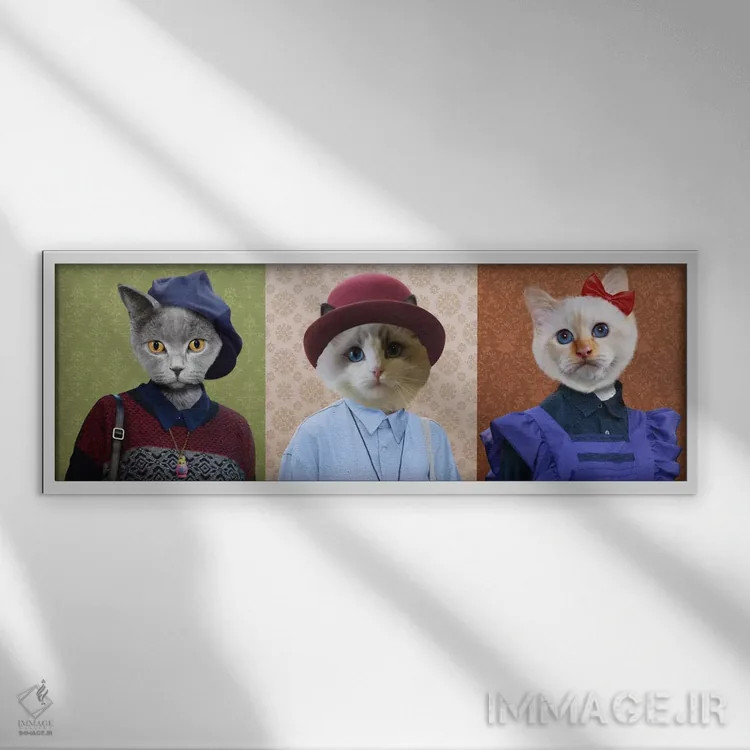 تابلو سهگانهٔ گربههای لباسپوشیده اثر فایو بای فایو کالکتیو - نمای قابدار سفید