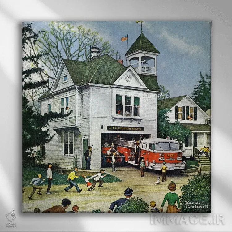 تابلو لافرانس آمریکایی جدید اینجاست (ایستگاه آتشنشانی) اثر نورمن راکول - نمای روبهرو روی دیوار
