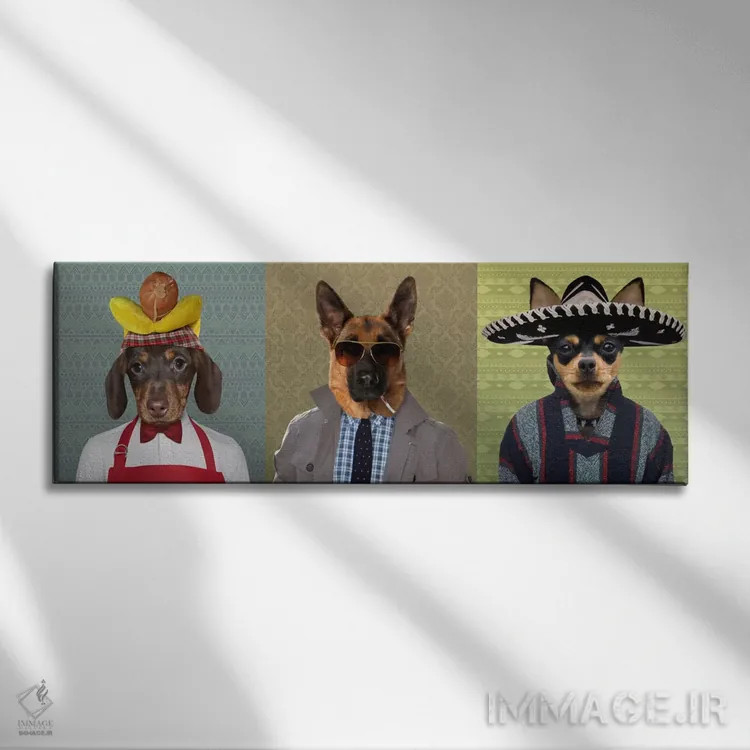 تابلو سهگانهٔ سگهای لباسغیررسمی شماره ۲ اثر فایو بای فایو کالکتیو - نمای روبهرو روی دیوار