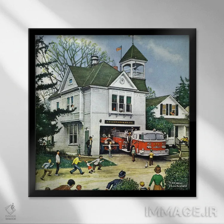 تابلو لافرانس آمریکایی جدید اینجاست (ایستگاه آتشنشانی) اثر نورمن راکول - نمای قابدار مشکی