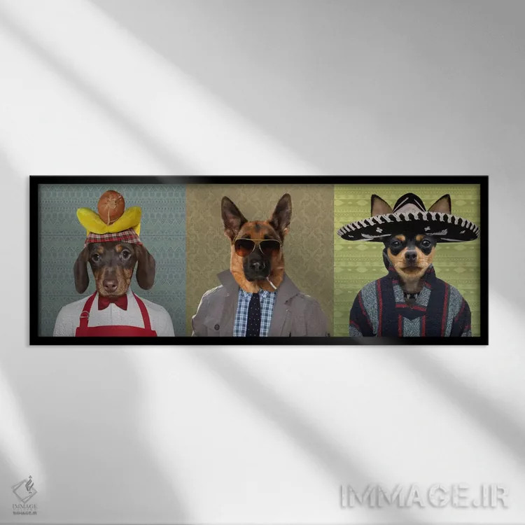 تابلو سهگانهٔ سگهای لباسغیررسمی شماره ۲ اثر فایو بای فایو کالکتیو - نمای قابدار مشکی