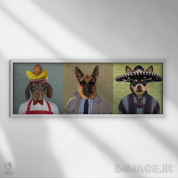 تابلو سهگانهٔ سگهای لباسغیررسمی شماره ۲ اثر فایو بای فایو کالکتیو - نمای قابدار سفید