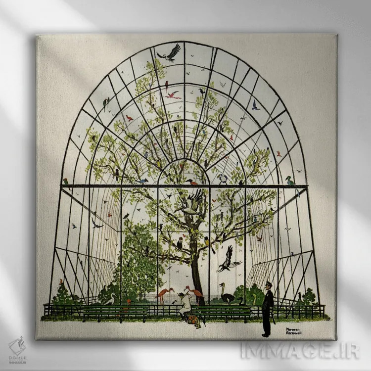 تابلو قفس پرندگان (آویاریوم) اثر نورمن راکول - نمای روبهرو روی دیوار