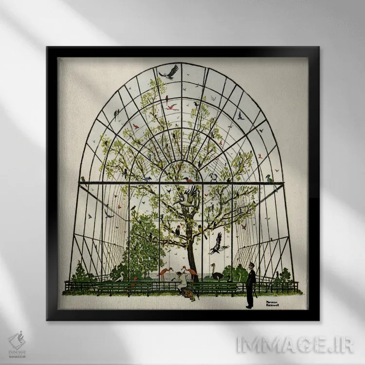 تابلو قفس پرندگان (آویاریوم) اثر نورمن راکول - نمای قابدار مشکی