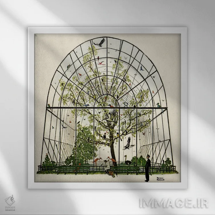 تابلو قفس پرندگان (آویاریوم) اثر نورمن راکول - نمای قابدار سفید
