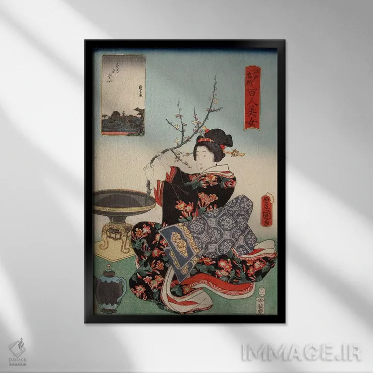 تابلو زن با شاخه درخت اثر هنرمند ناشناس - نمای قابدار مشکی