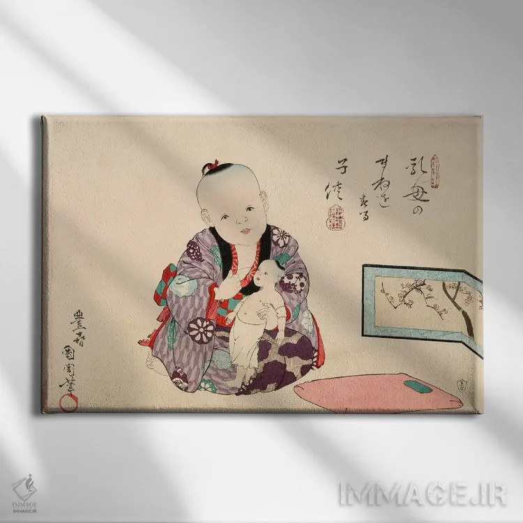 تابلو کودک در حال بازی با عروسک اثر هنرمند ناشناس - نمای روبهرو روی دیوار