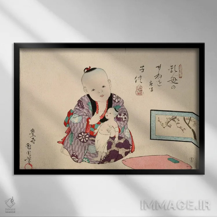 تابلو کودک در حال بازی با عروسک اثر هنرمند ناشناس - نمای قابدار مشکی