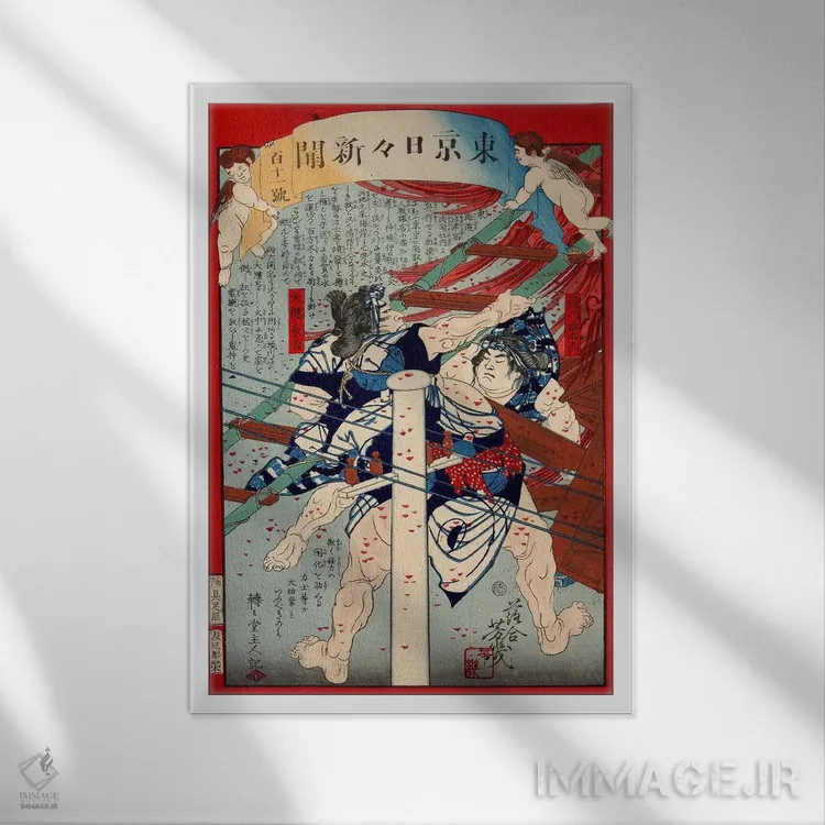 تابلو مردان در حال کشتی گرفتن اثر هنرمند ناشناس - نمای قابدار سفید