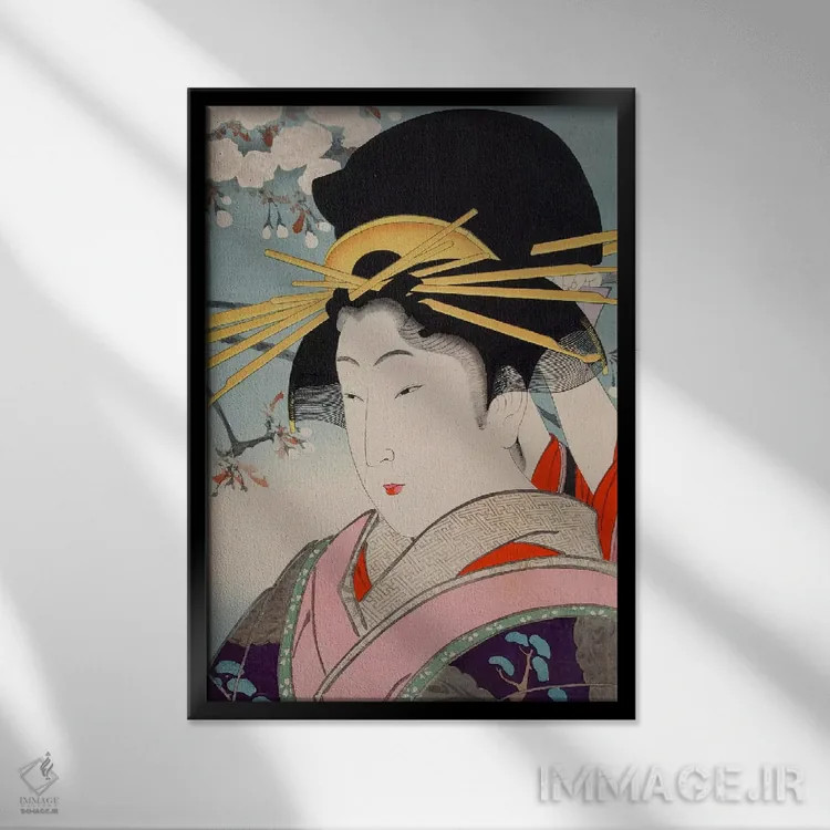 تابلو یک فاحشه (زن تراز اول عصر ژاپن) اثر هنرمند ناشناس - نمای قابدار مشکی