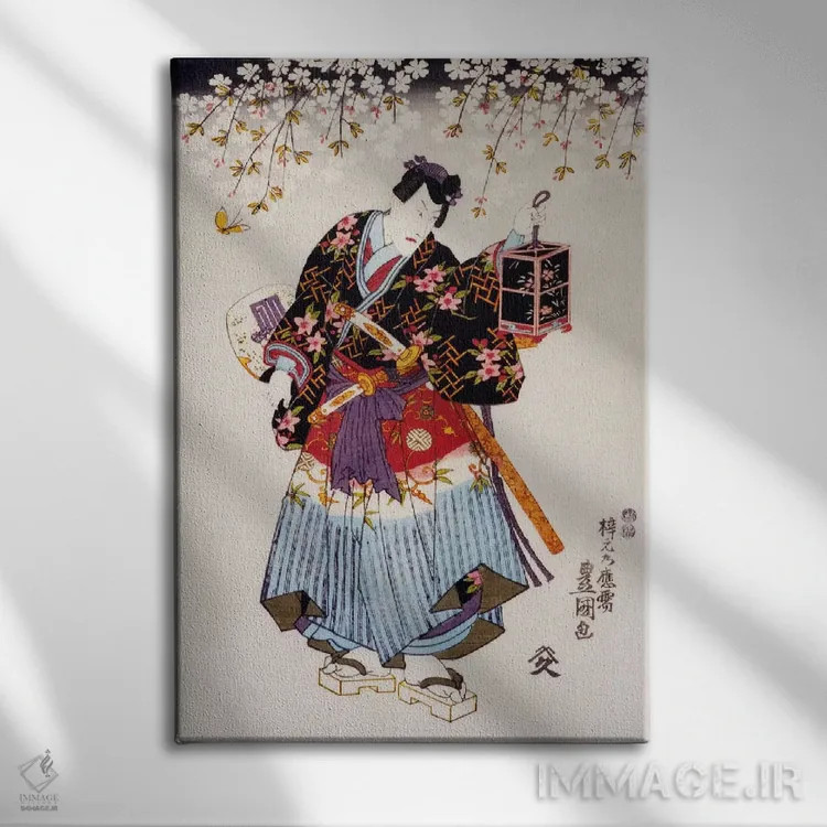 تابلو سامورایی با دو شمشیر اثر هنرمند ناشناس - نمای روبهرو روی دیوار