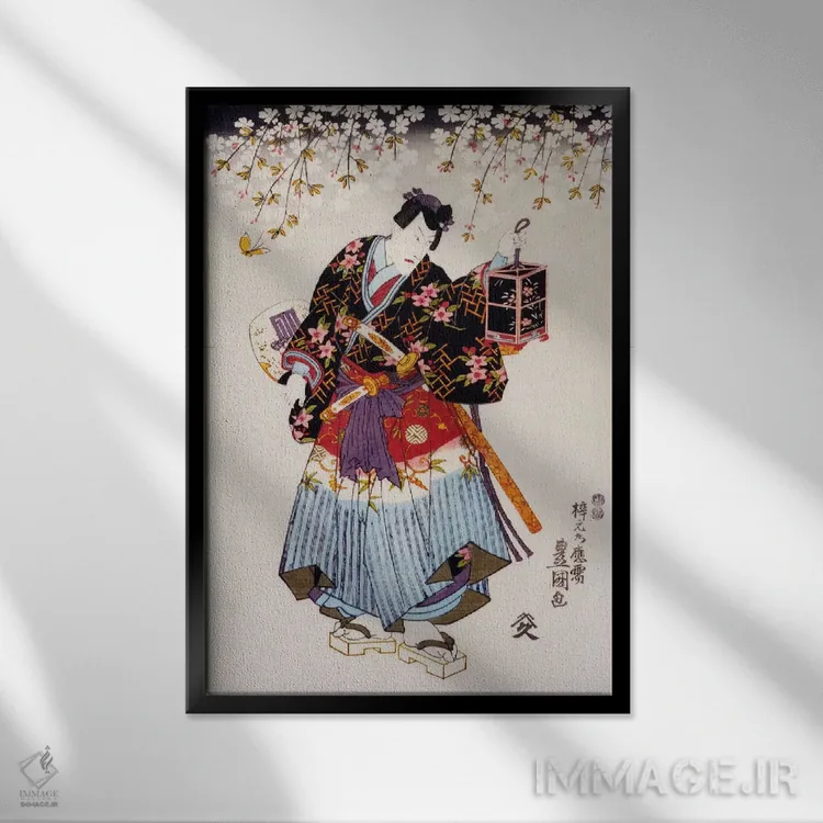 تابلو سامورایی با دو شمشیر اثر هنرمند ناشناس - نمای قابدار مشکی