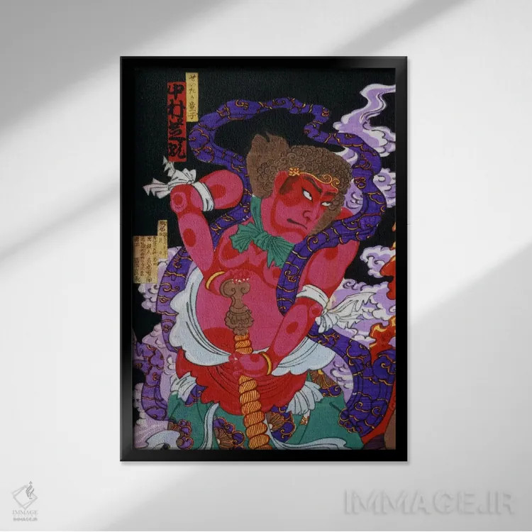 تابلو مرد قرمز با کانابو (ژاپنی) اثر هنرمند ناشناس - نمای قابدار مشکی