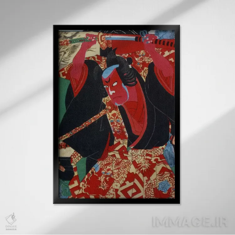 تابلو سامورایی به رنگ قرمز نقاشی شده اثر هنرمند ناشناس - نمای قابدار مشکی
