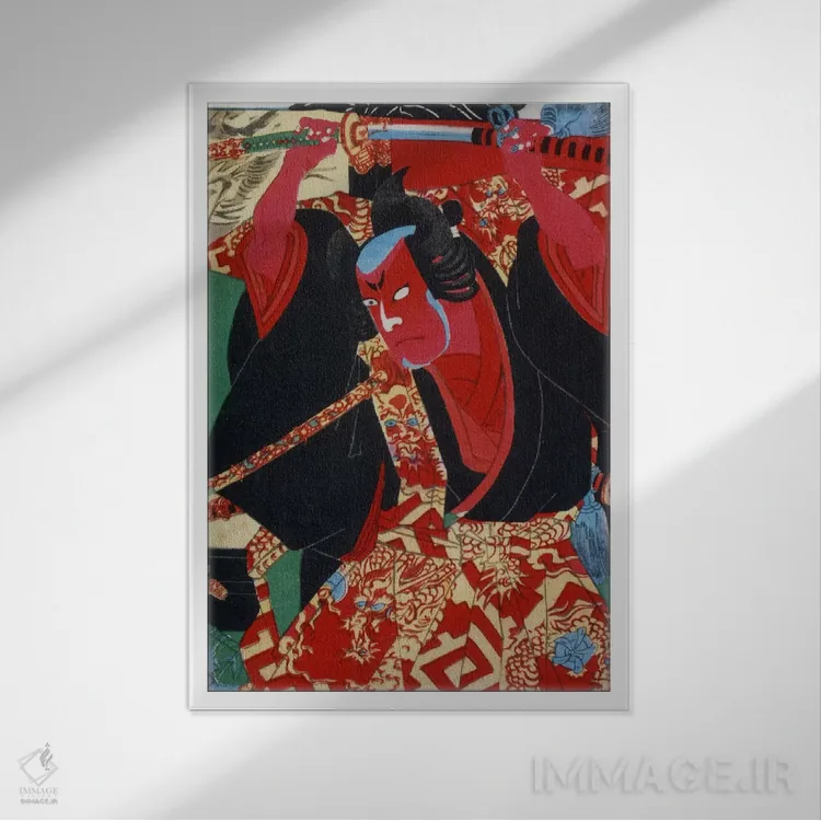 تابلو سامورایی به رنگ قرمز نقاشی شده اثر هنرمند ناشناس - نمای قابدار سفید