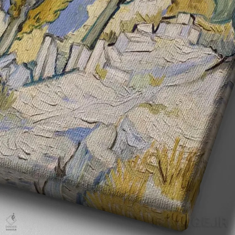 تابلو صنوبرها در سنرمی اثر ونسان ون گوگ (نقاش مشهور هلندی پستامپرسیونیسم) - نمای نزدیک بافت بوم