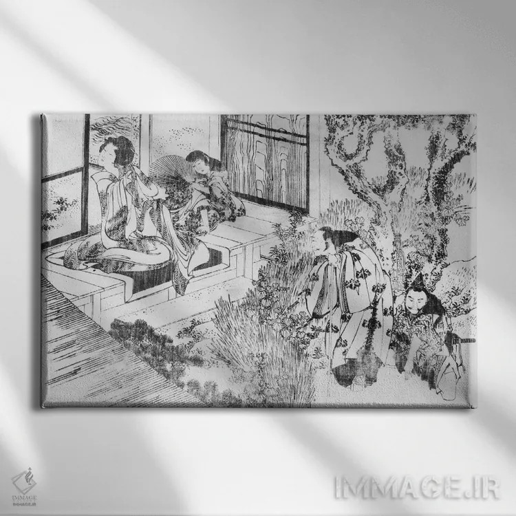 تابلو مردی که زنی زیبا را تماشا میکند اثر کاتسوشیکا هوکوسای (نقاش و هنرمند ژاپنی) - نمای روبهرو روی دیوار