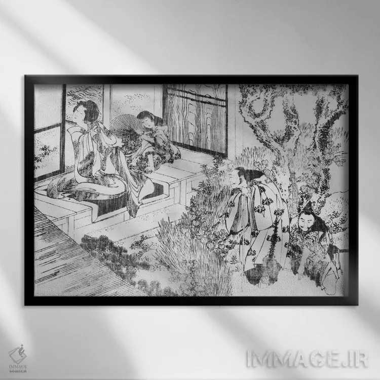 تابلو مردی که زنی زیبا را تماشا میکند اثر کاتسوشیکا هوکوسای (نقاش و هنرمند ژاپنی) - نمای قابدار مشکی