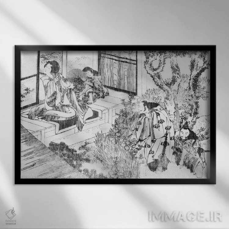 تابلو مردی که زنی زیبا را تماشا میکند اثر کاتسوشیکا هوکوسای (نقاش و هنرمند ژاپنی) - نمای قابدار مشکی
