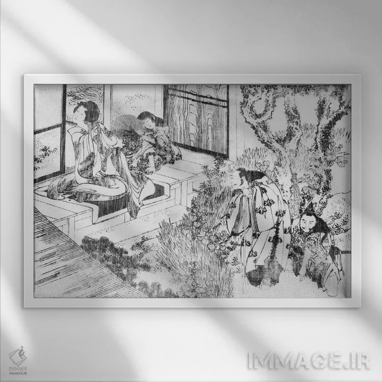 تابلو مردی که زنی زیبا را تماشا میکند اثر کاتسوشیکا هوکوسای (نقاش و هنرمند ژاپنی) - نمای قابدار سفید