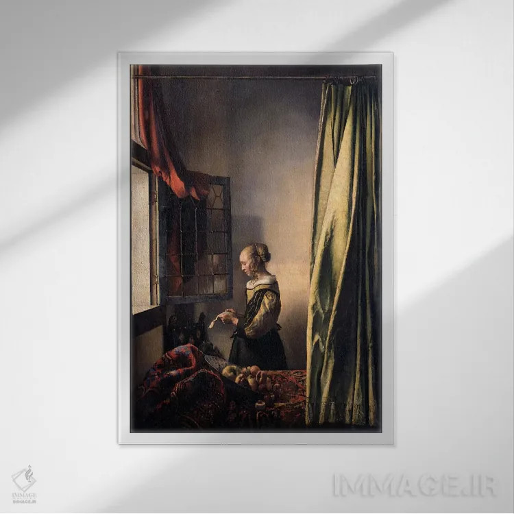 تابلو دختری در حال خواندن نامه کنار پنجره باز اثر یوهانس ورمیر (نقاش هلندی) - نمای قابدار سفید