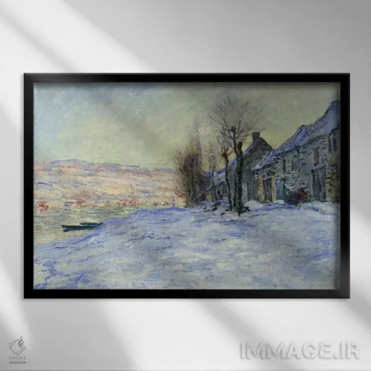 تابلو آفتاب و برف لاواکور اثر کلود مونه (نقاش معروف فرانسوی) - نمای قابدار مشکی