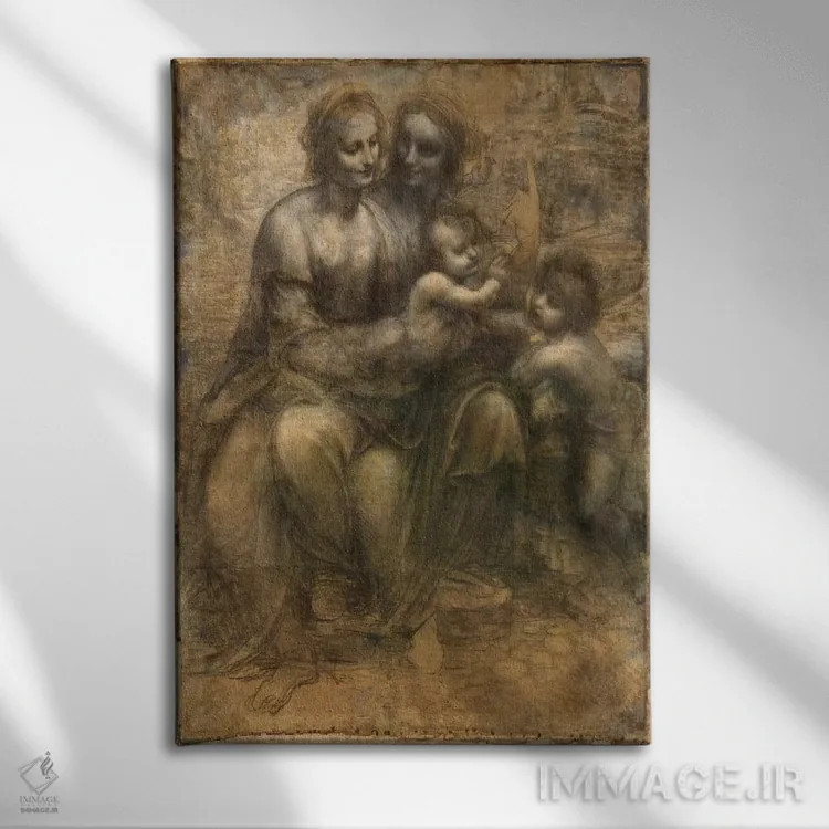 تابلو مریم مقدس و کودک به همراه سنت آن و یحیی تعمیددهنده اثر لئوناردو داوینچی (نقاش و مخترع ایتالیایی) - نمای روبهرو روی دیوار