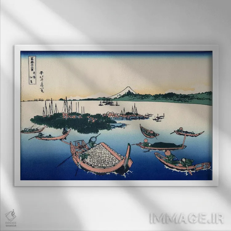 تابلو جزیره تسوکادا در استان موساشی (ژاپن) اثر کاتسوشیکا هوکوسای (نقاش و هنرمند ژاپنی) - نمای قابدار سفید