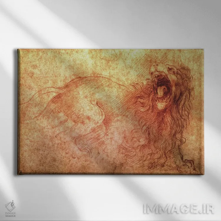 تابلو طرحی از شیر غران اثر لئوناردو داوینچی (نقاش و مخترع ایتالیایی) - نمای روبهرو روی دیوار