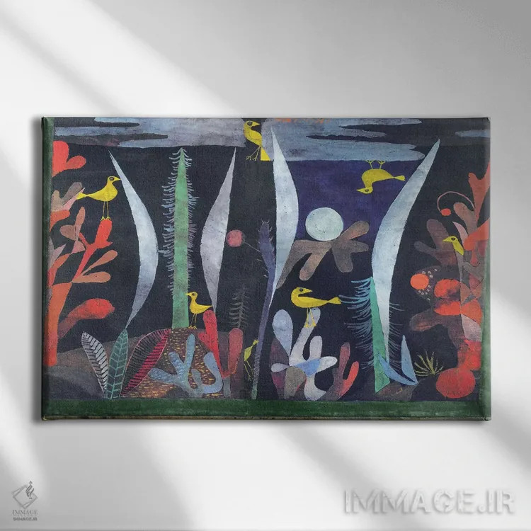 تابلو منظره با پرندگان زرد اثر پل کله - نمای روبهرو روی دیوار