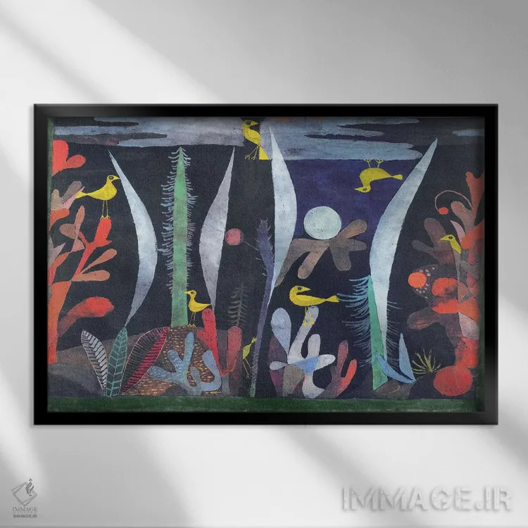 تابلو منظره با پرندگان زرد اثر پل کله - نمای قابدار مشکی