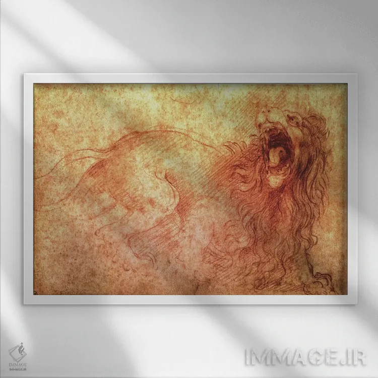تابلو طرحی از شیر غران اثر لئوناردو داوینچی (نقاش و مخترع ایتالیایی) - نمای قابدار سفید