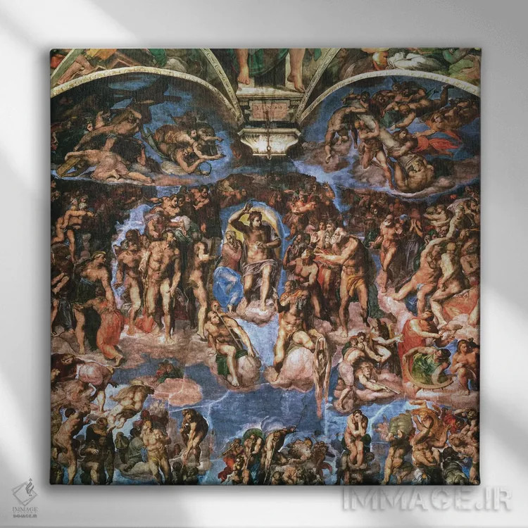 تابلو کلیسای سیستین: داوری نهایی (جزئیات نیمه بالایی) اثر میکلآنژ (هنرمند و مجسمهساز ایتالیایی دوره رنسانس) - نمای روبهرو روی دیوار