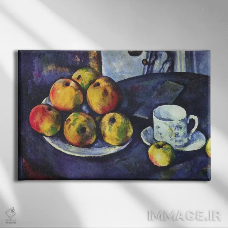 تابلو طبیعت بیجان با سیبها اثر پل سزان - نمای روبهرو روی دیوار