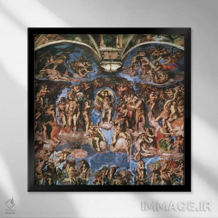 تابلو کلیسای سیستین: داوری نهایی (جزئیات نیمه بالایی) اثر میکلآنژ (هنرمند و مجسمهساز ایتالیایی دوره رنسانس) - نمای قابدار مشکی