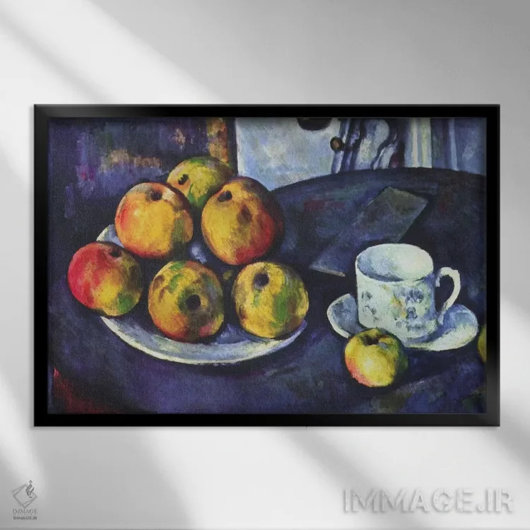 تابلو طبیعت بیجان با سیبها اثر پل سزان - نمای قابدار مشکی