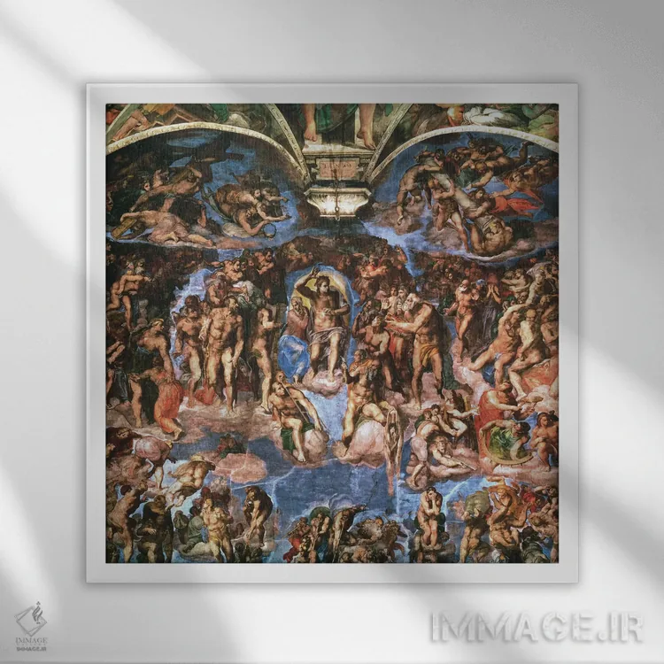 تابلو کلیسای سیستین: داوری نهایی (جزئیات نیمه بالایی) اثر میکلآنژ (هنرمند و مجسمهساز ایتالیایی دوره رنسانس) - نمای قابدار سفید