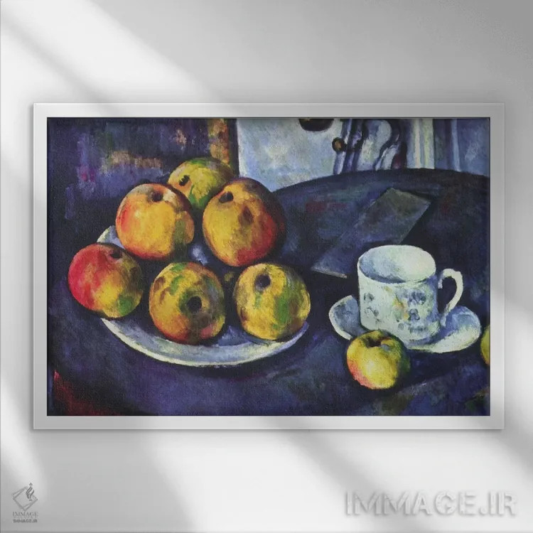 تابلو طبیعت بیجان با سیبها اثر پل سزان - نمای قابدار سفید