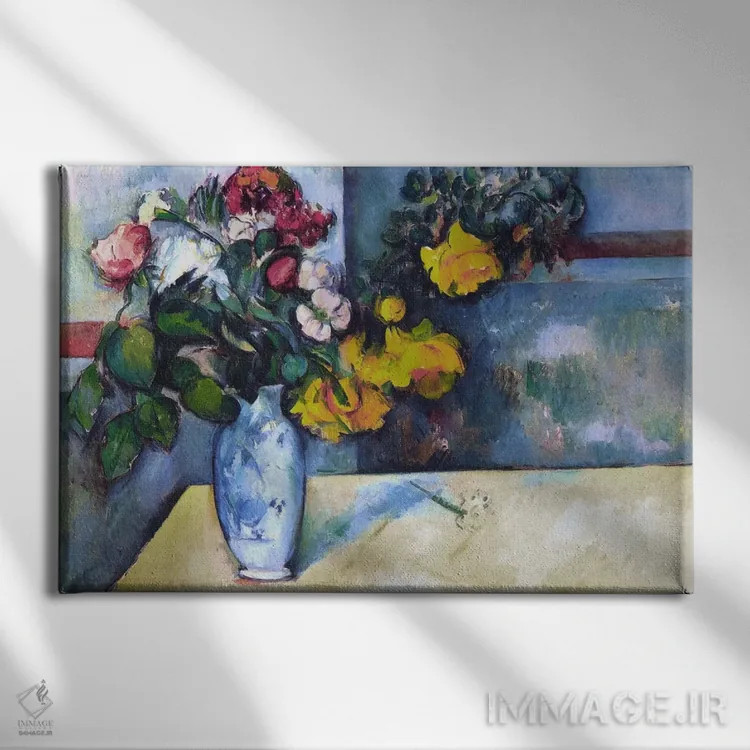 تابلو طبیعت بیجان: گلها در گلدان اثر پل سزان - نمای روبهرو روی دیوار